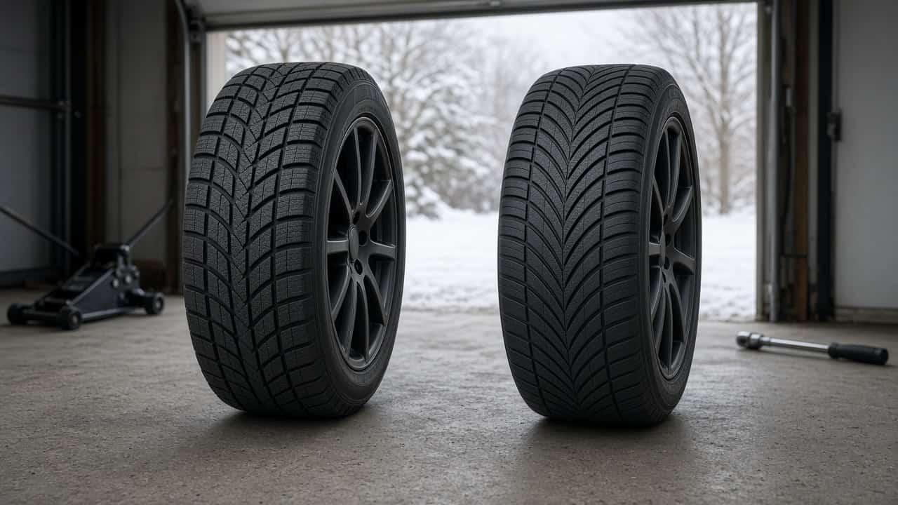 Winter tire with deep siped tread and all-weather tire with V-shaped directional tread standing side by side on a garage floor with snow outside