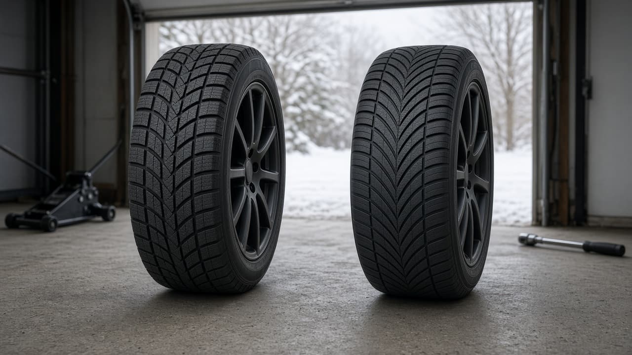 Winter tire with deep siped tread and all-weather tire with V-shaped directional tread standing side by side on a garage floor with snow outside
