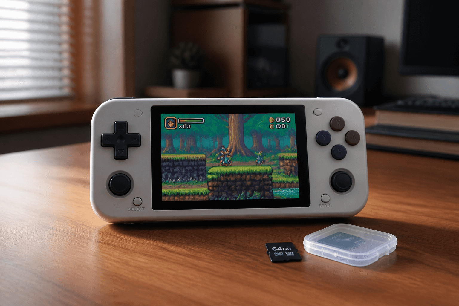 Compact gray retro gaming handheld with a 3.5-inch screen showing a colorful 16-bit platformer, sitting on a wooden desk next to a 64GB microSD card and its case