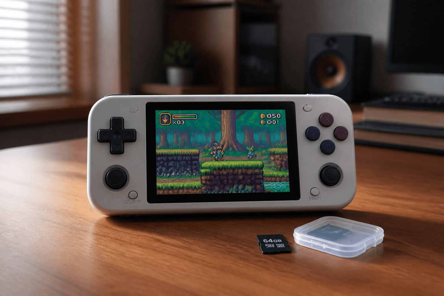 Compact gray retro gaming handheld with a 3.5-inch screen showing a colorful 16-bit platformer, sitting on a wooden desk next to a 64GB microSD card and its case