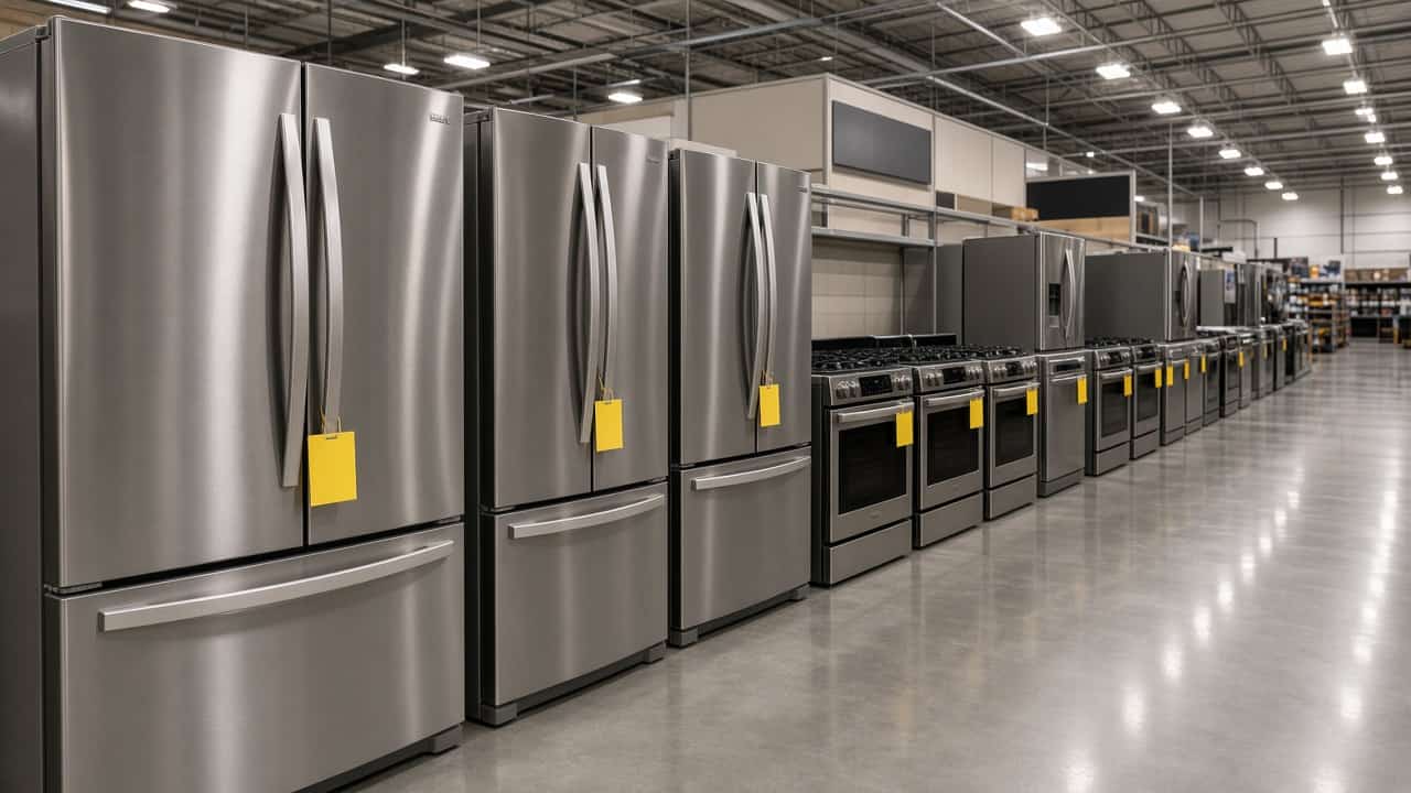 Empty big-box store appliance aisle with a row of stainless steel refrigerators and ranges, yellow sale tags hanging from the handles