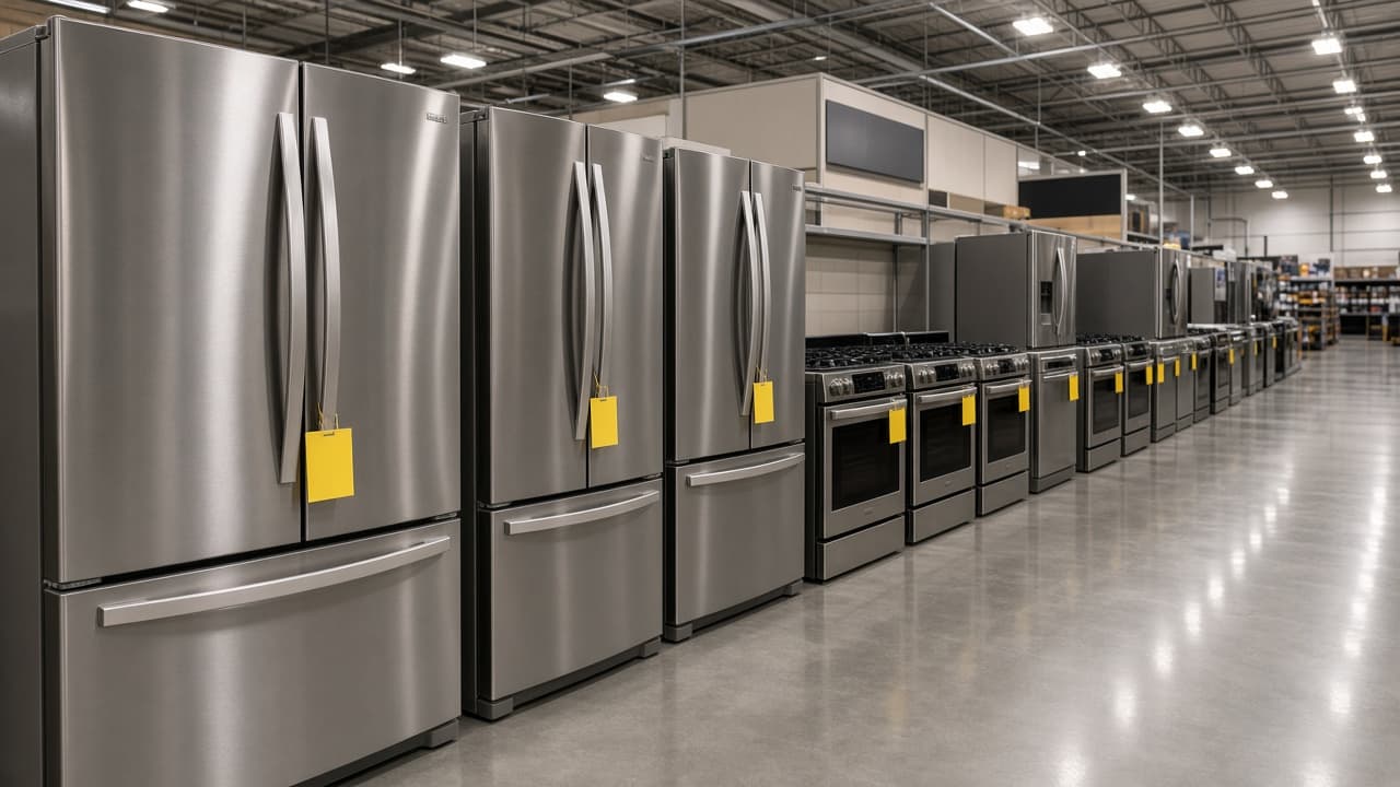 Empty big-box store appliance aisle with a row of stainless steel refrigerators and ranges, yellow sale tags hanging from the handles