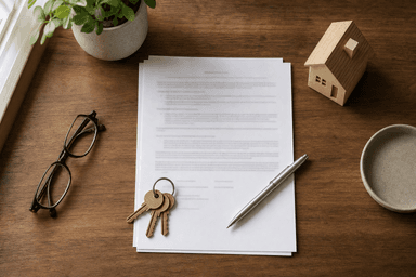 An overhead view of a real estate contract on a wooden desk with a silver pen, a ring of brass house keys, reading glasses, and a small wooden model house, the kind of buyer-broker agreement that now decides who pays the buyer's agent commission