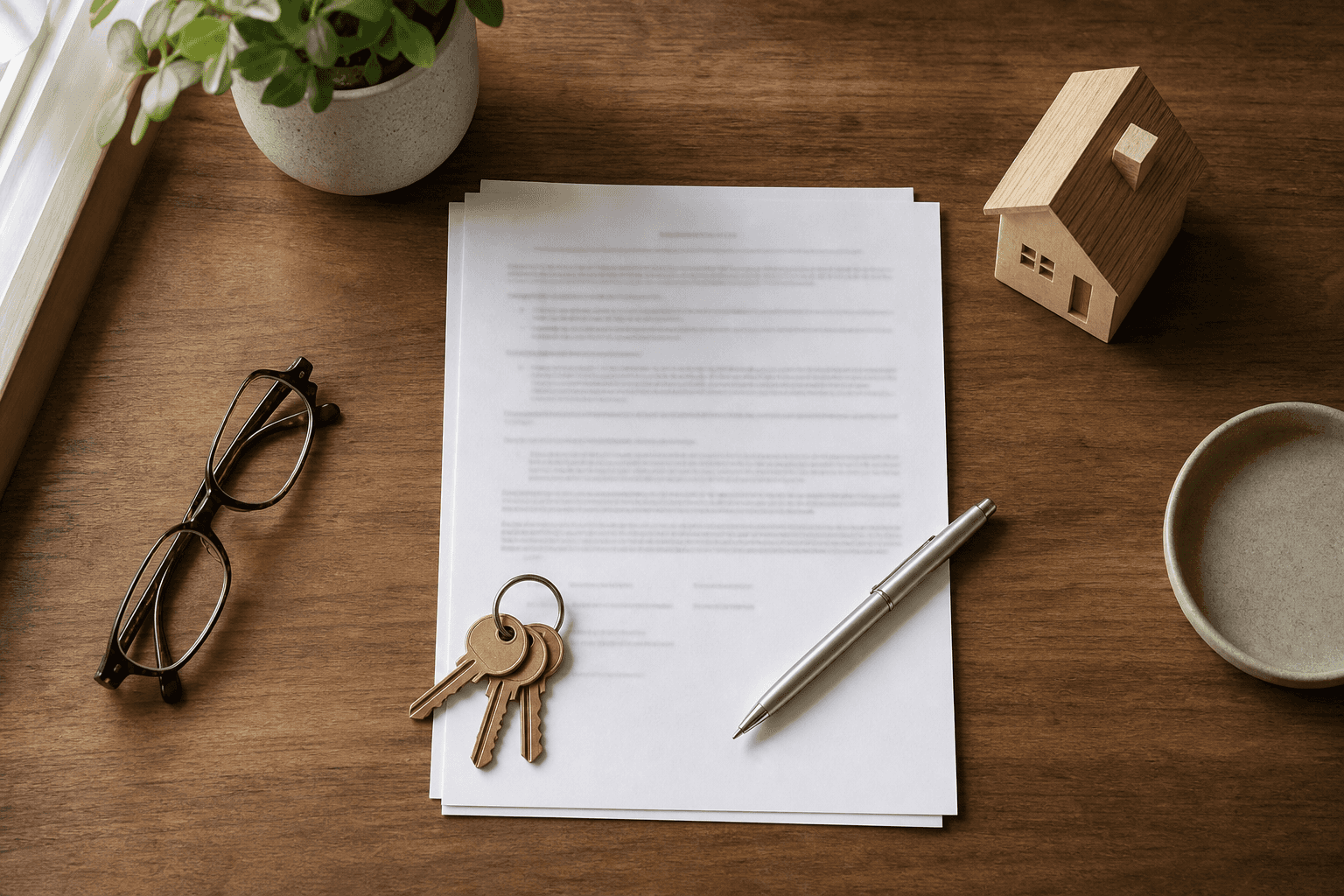 An overhead view of a real estate contract on a wooden desk with a silver pen, a ring of brass house keys, reading glasses, and a small wooden model house, the kind of buyer-broker agreement that now decides who pays the buyer's agent commission