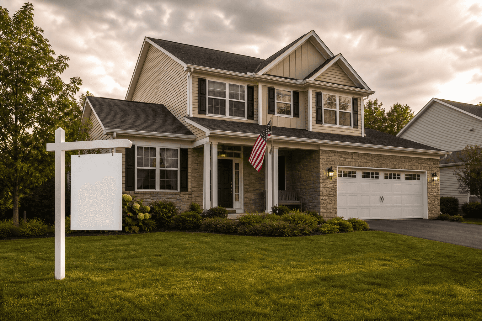 Two-story suburban house with a For Sale sign in the front yard and an American flag mounted by the front door under late afternoon light