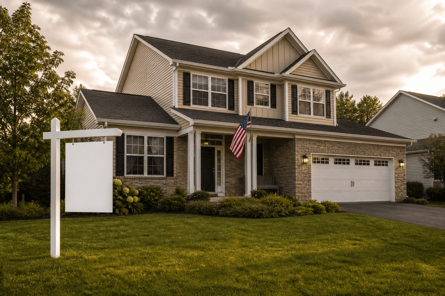 Two-story suburban house with a For Sale sign in the front yard and an American flag mounted by the front door under late afternoon light