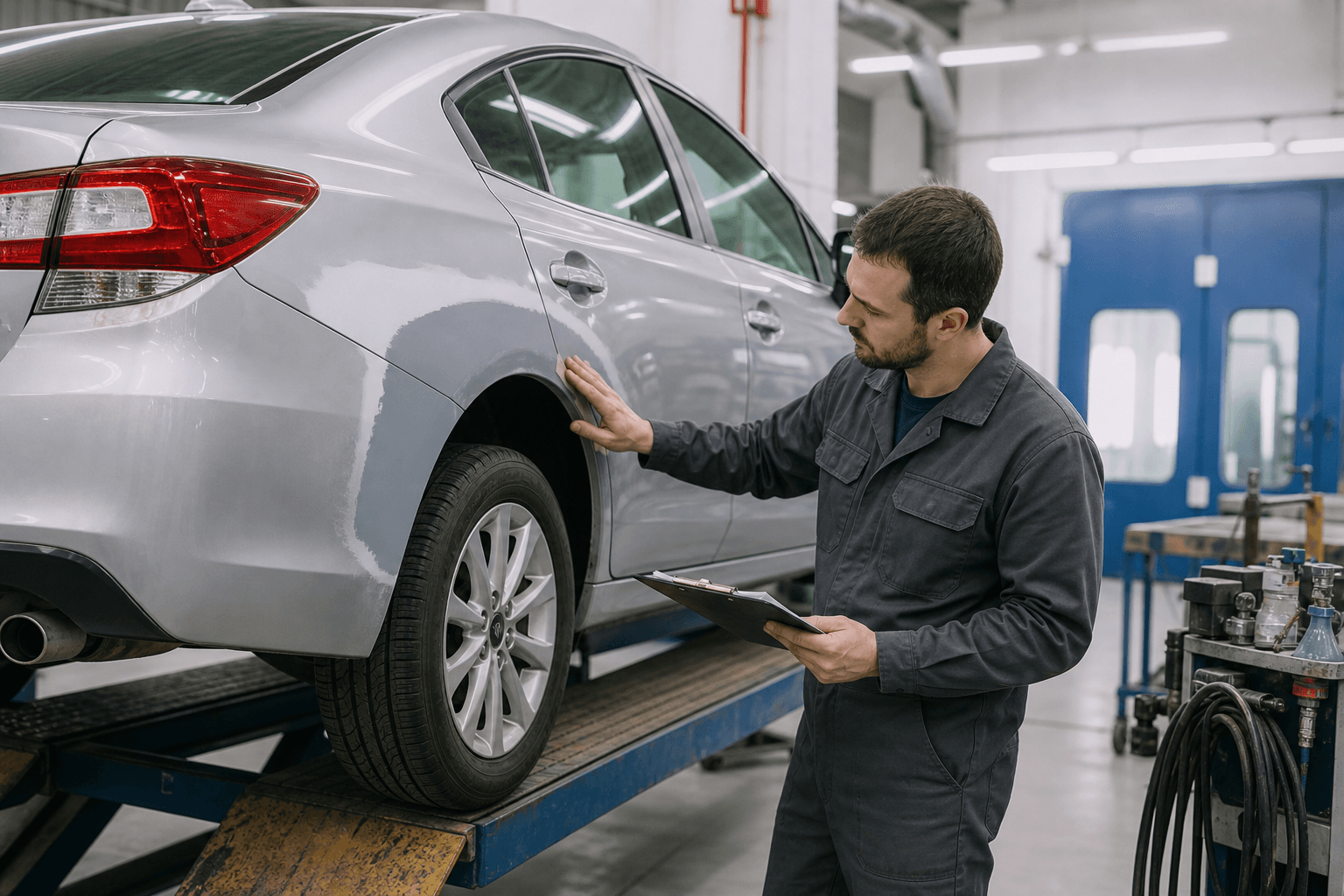Technician with a clipboard inspecting the repaired rear quarter panel of a silver sedan on a lift in an auto body shop
