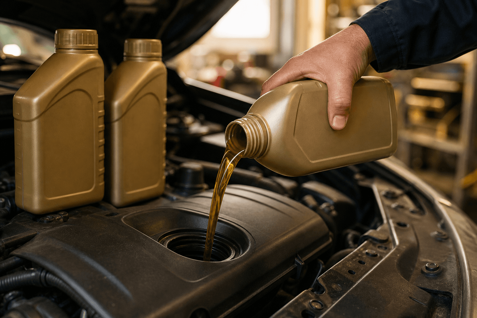 Fresh golden motor oil being poured from a plain quart bottle into a car engine's oil filler neck under the open hood, with two more oil bottles nearby, illustrating topping off and mixing synthetic and conventional oil