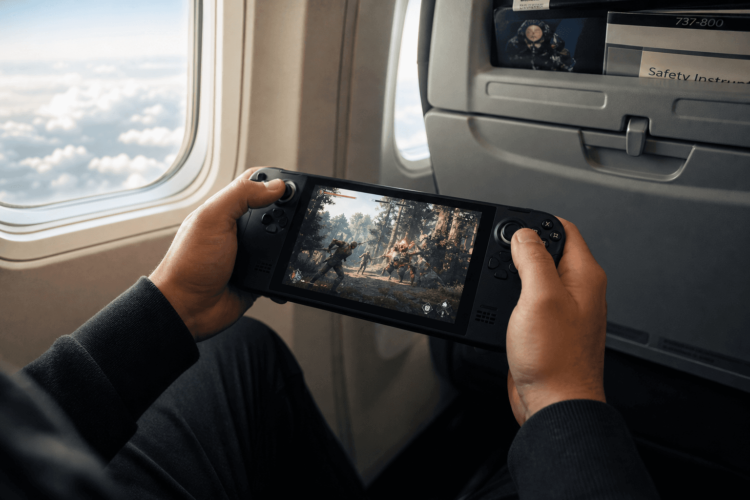 Airplane passenger in a window seat playing an action game on a handheld gaming PC at cruising altitude