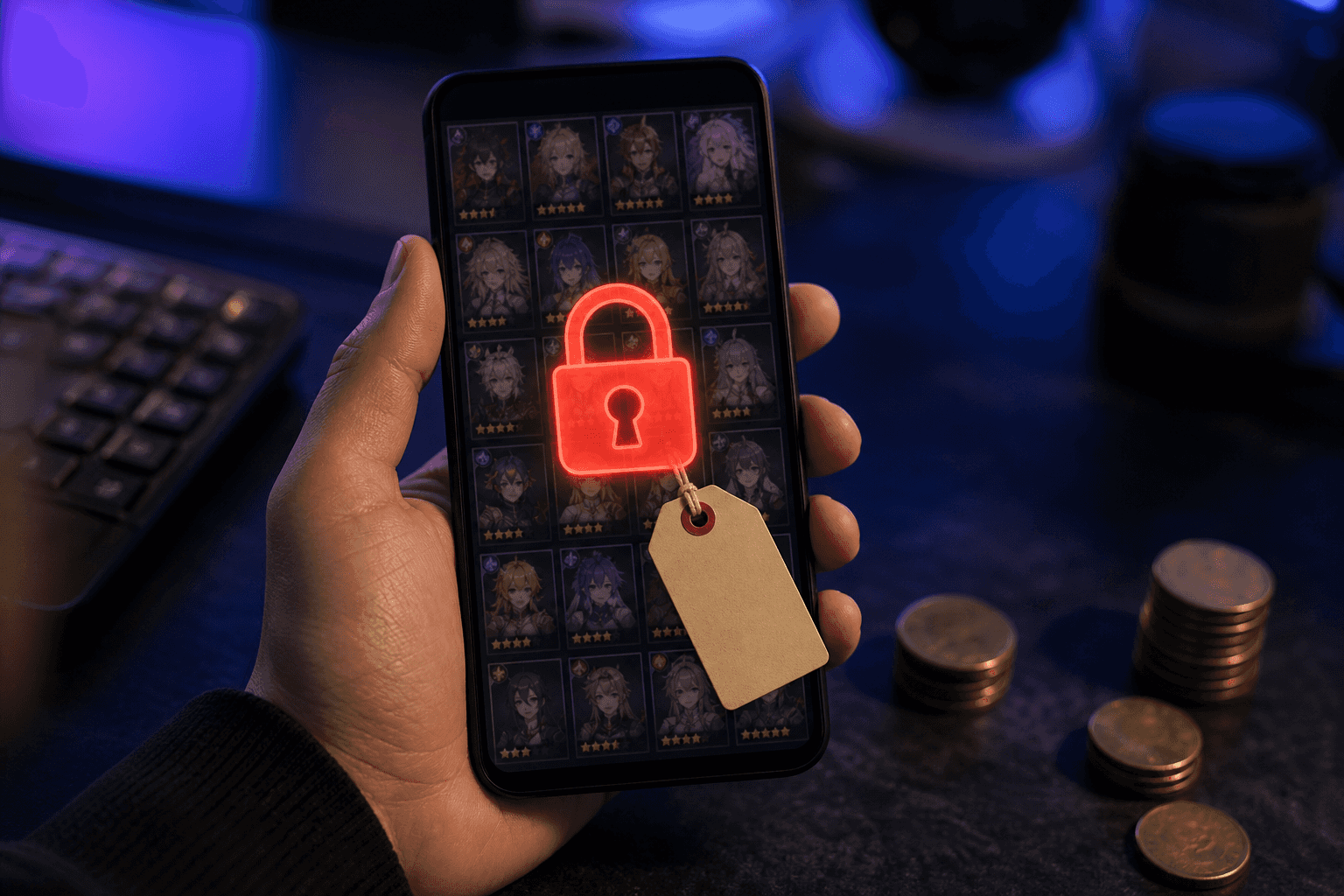 A hand holding a smartphone showing a fantasy mobile RPG character roster behind a glowing red padlock and a blank price tag, with stacks of coins nearby, illustrating the risk of selling a Genshin Impact game account