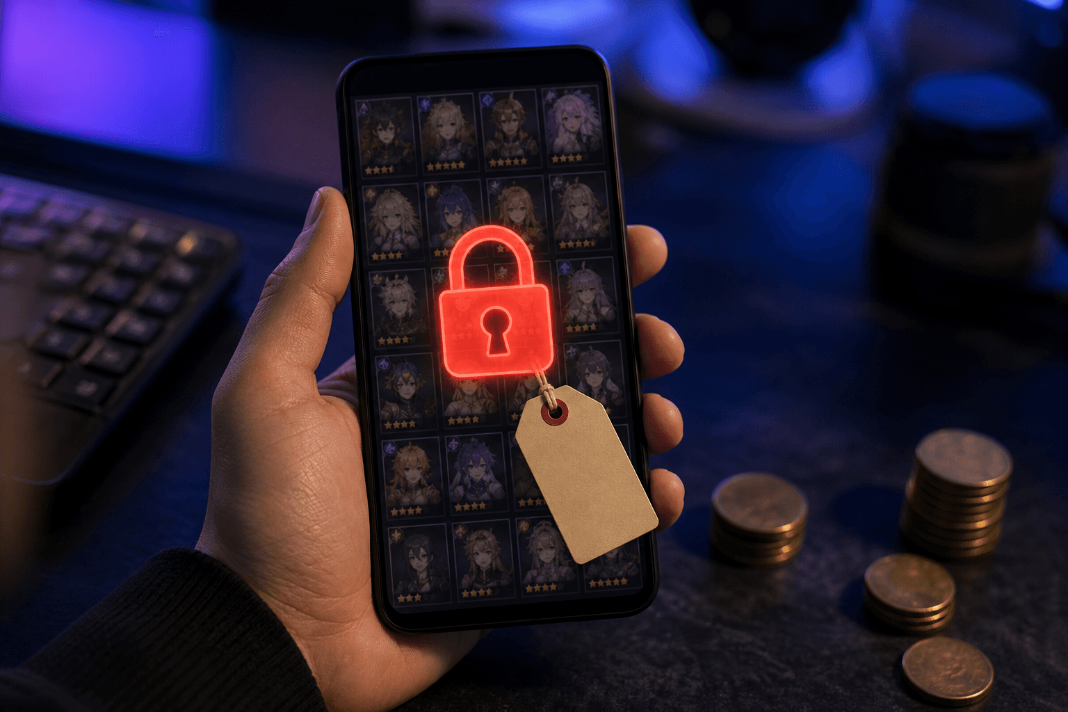 A hand holding a smartphone showing a fantasy mobile RPG character roster behind a glowing red padlock and a blank price tag, with stacks of coins nearby, illustrating the risk of selling a Genshin Impact game account