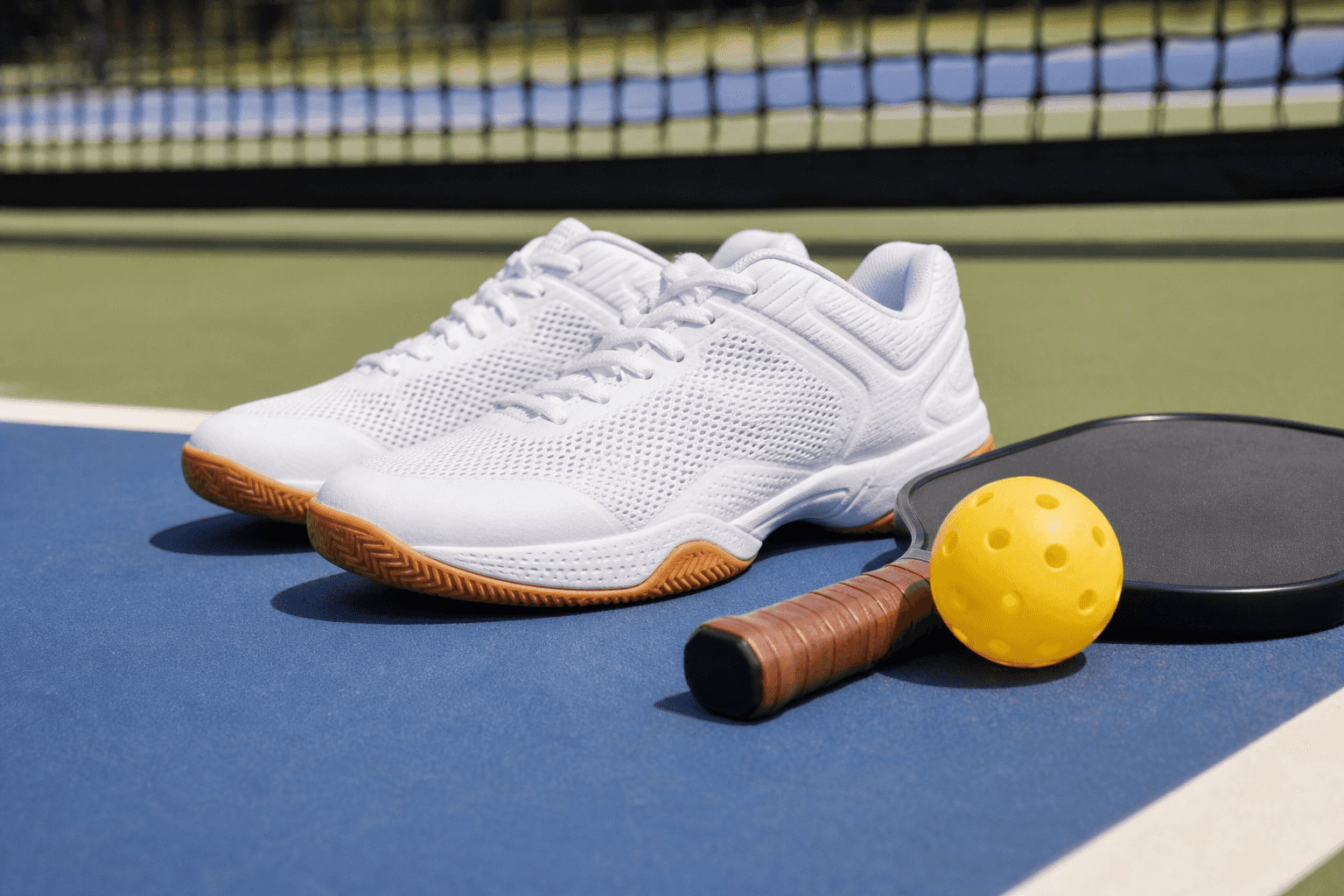 A pair of low-profile white court shoes on a blue and green outdoor pickleball court next to a paddle and yellow pickleball ball, illustrating the right footwear for pickleball versus running shoes