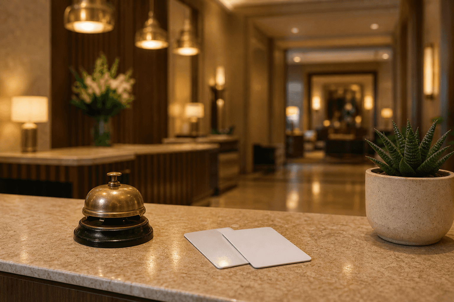 A hotel reception desk with a brass service bell and two blank white keycards on a polished stone counter, a warmly lit lobby blurred behind it, evoking the book-direct front desk move that beats the cheapest hotel booking site