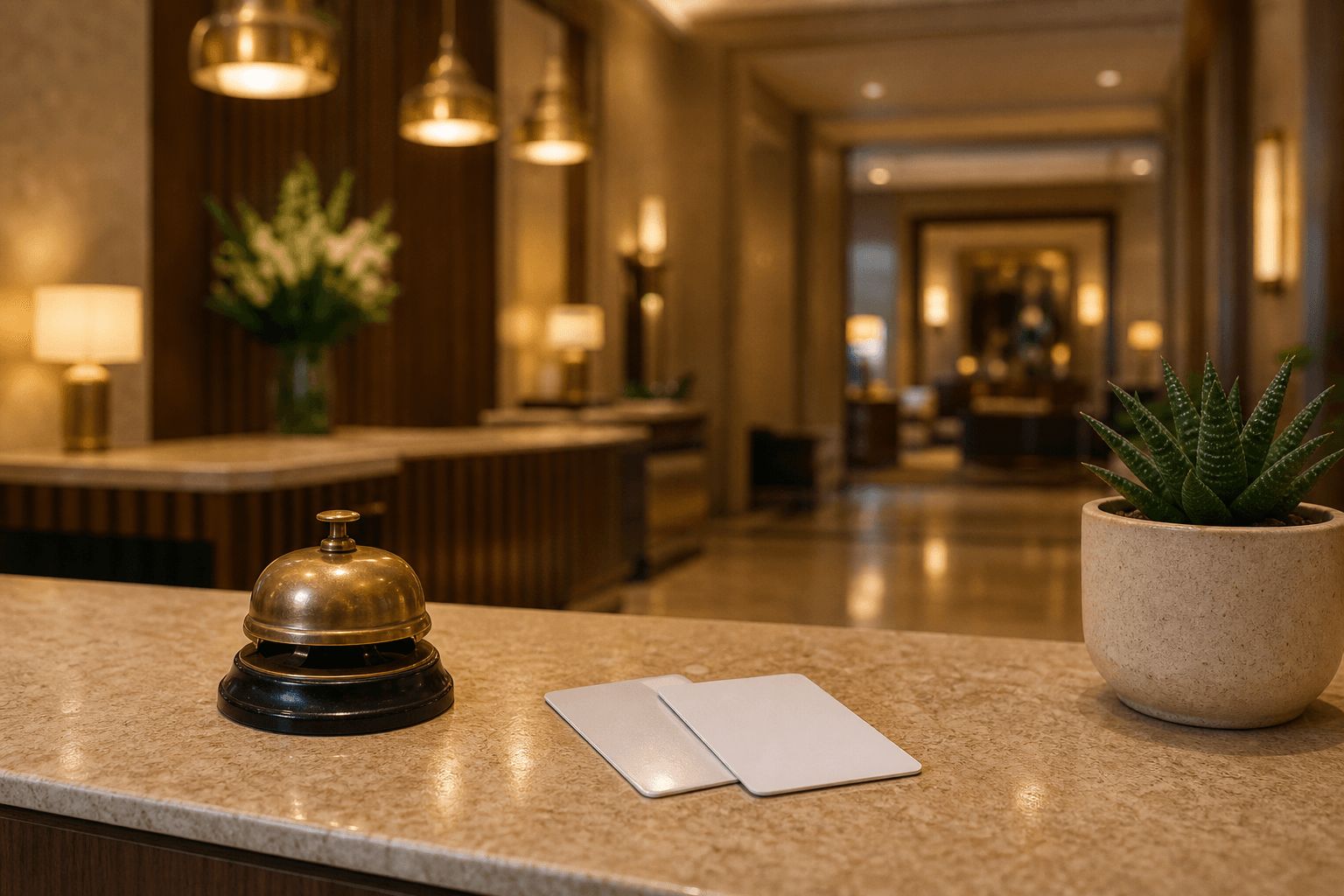 A hotel reception desk with a brass service bell and two blank white keycards on a polished stone counter, a warmly lit lobby blurred behind it, evoking the book-direct front desk move that beats the cheapest hotel booking site