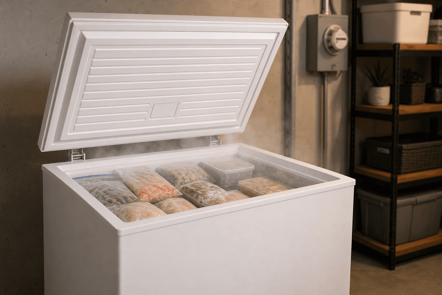 A white chest freezer with its lid open in a home basement, faint cold vapor rising from neatly packed bags of frozen food, with a residential electric meter and utility shelving in the softly blurred background