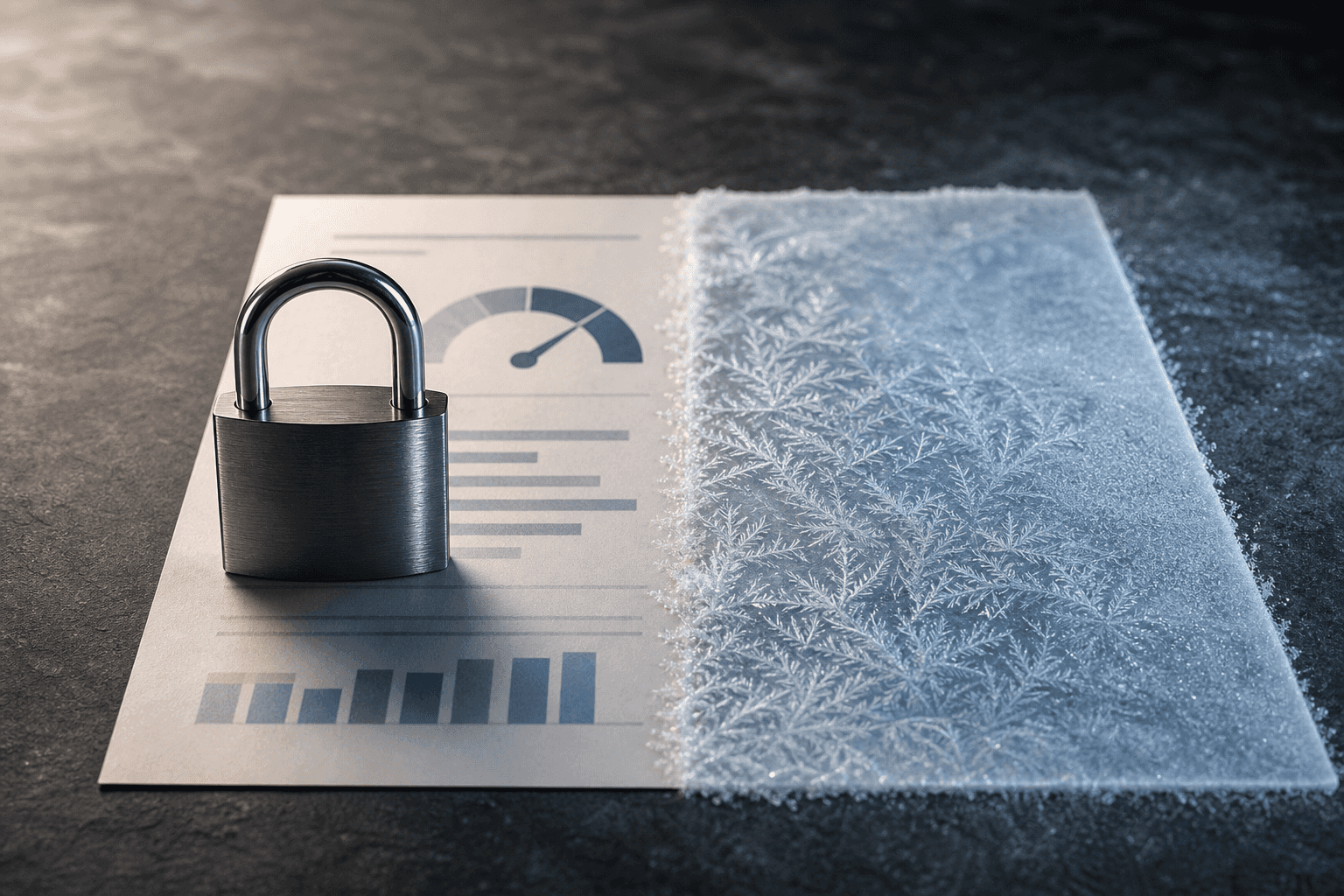 Editorial still life contrasting a credit freeze and a credit lock: a printed credit report on a slate desk with a brushed-steel padlock resting on one half and a thin layer of frost and ice crystals covering the other half
