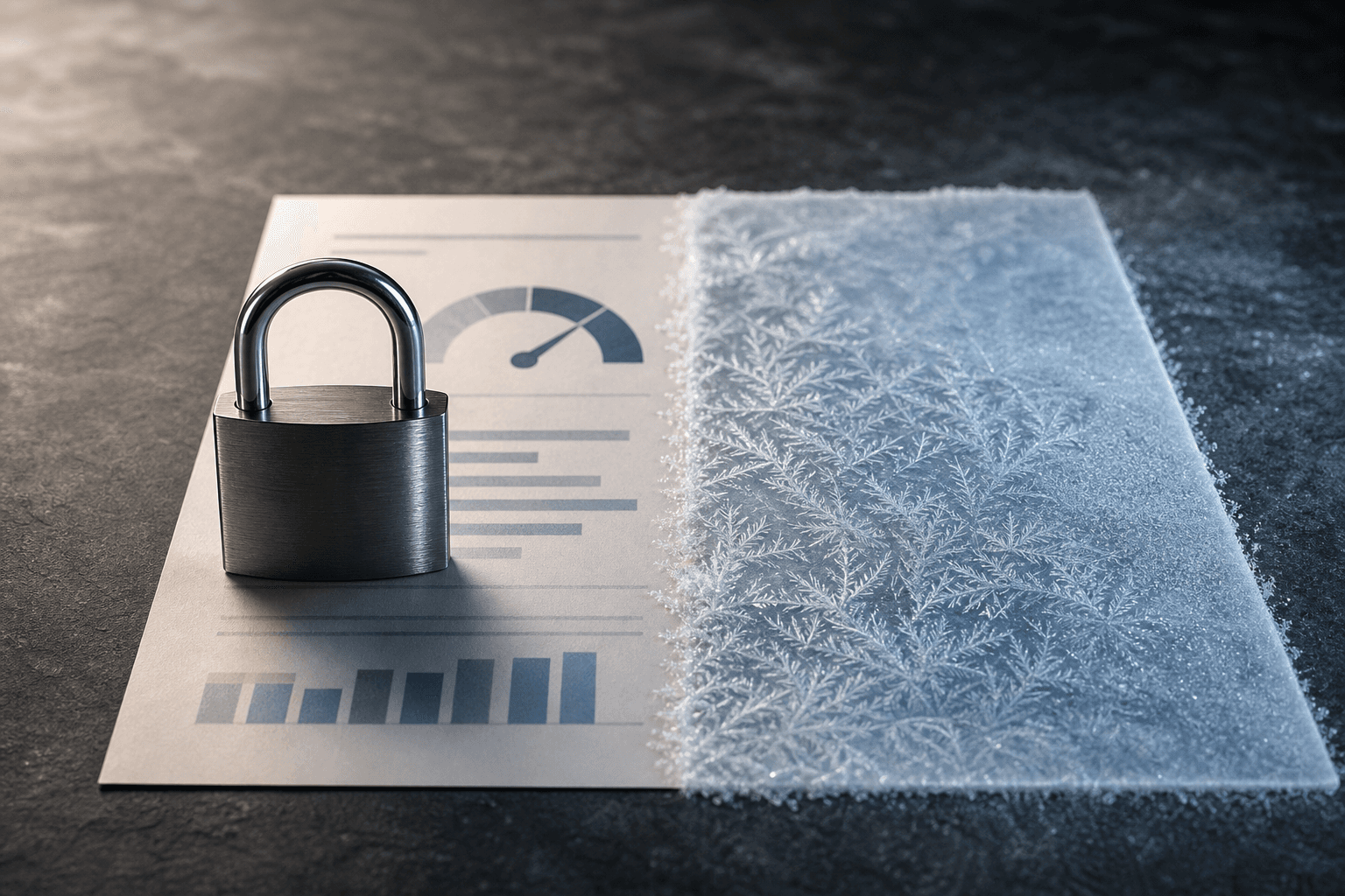 Editorial still life contrasting a credit freeze and a credit lock: a printed credit report on a slate desk with a brushed-steel padlock resting on one half and a thin layer of frost and ice crystals covering the other half
