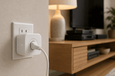 A white wifi smart plug with a glowing green status light plugged into a wall outlet, with a softly blurred living-room media console, television, and lamp in the background, illustrating smart-plug energy use in a home