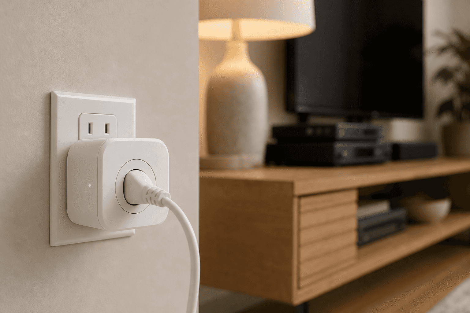 A white wifi smart plug with a glowing green status light plugged into a wall outlet, with a softly blurred living-room media console, television, and lamp in the background, illustrating smart-plug energy use in a home