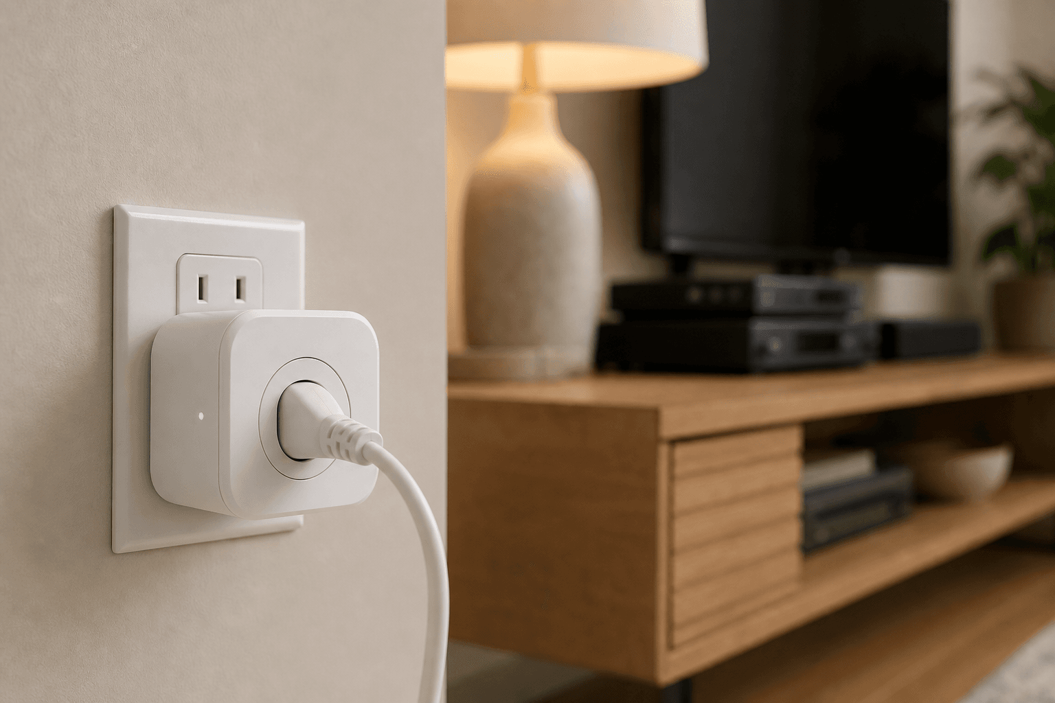 A white wifi smart plug with a glowing green status light plugged into a wall outlet, with a softly blurred living-room media console, television, and lamp in the background, illustrating smart-plug energy use in a home