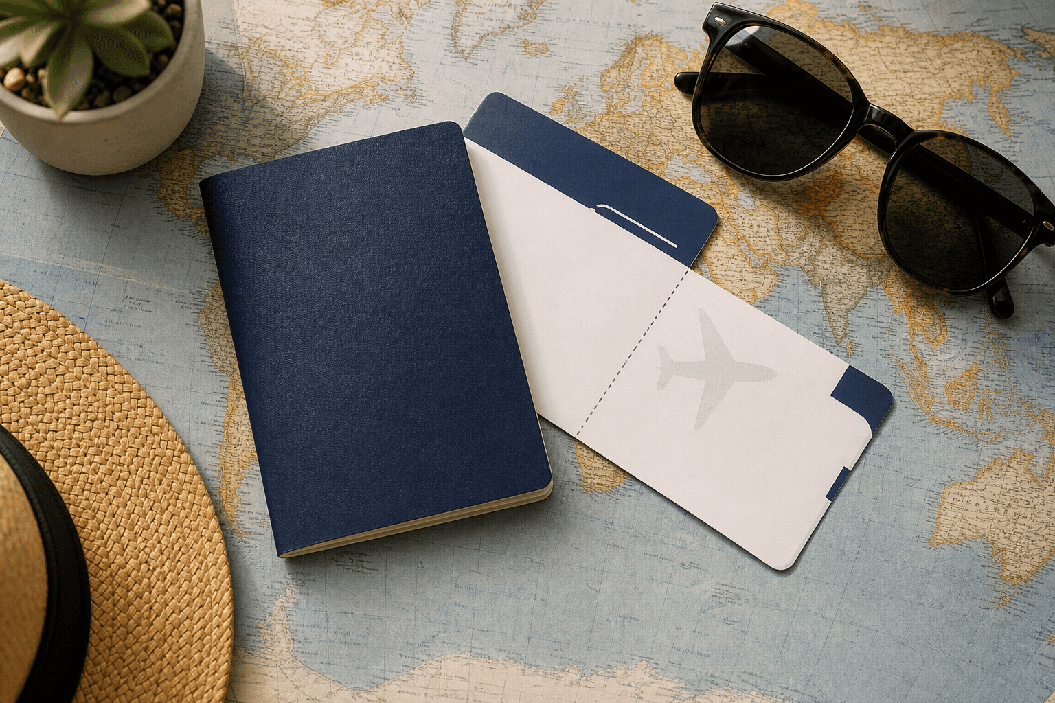 A dark blue passport booklet and a boarding pass resting on a world map next to sunglasses and a sun hat, illustrating how much passport validity you need to travel internationally