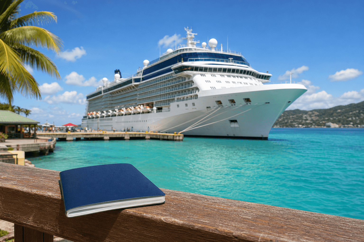 A large white cruise ship docked at a sunny Caribbean port with turquoise water, and a dark blue passport booklet resting on a wooden pier railing in the foreground, illustrating passport rules for a closed-loop cruise