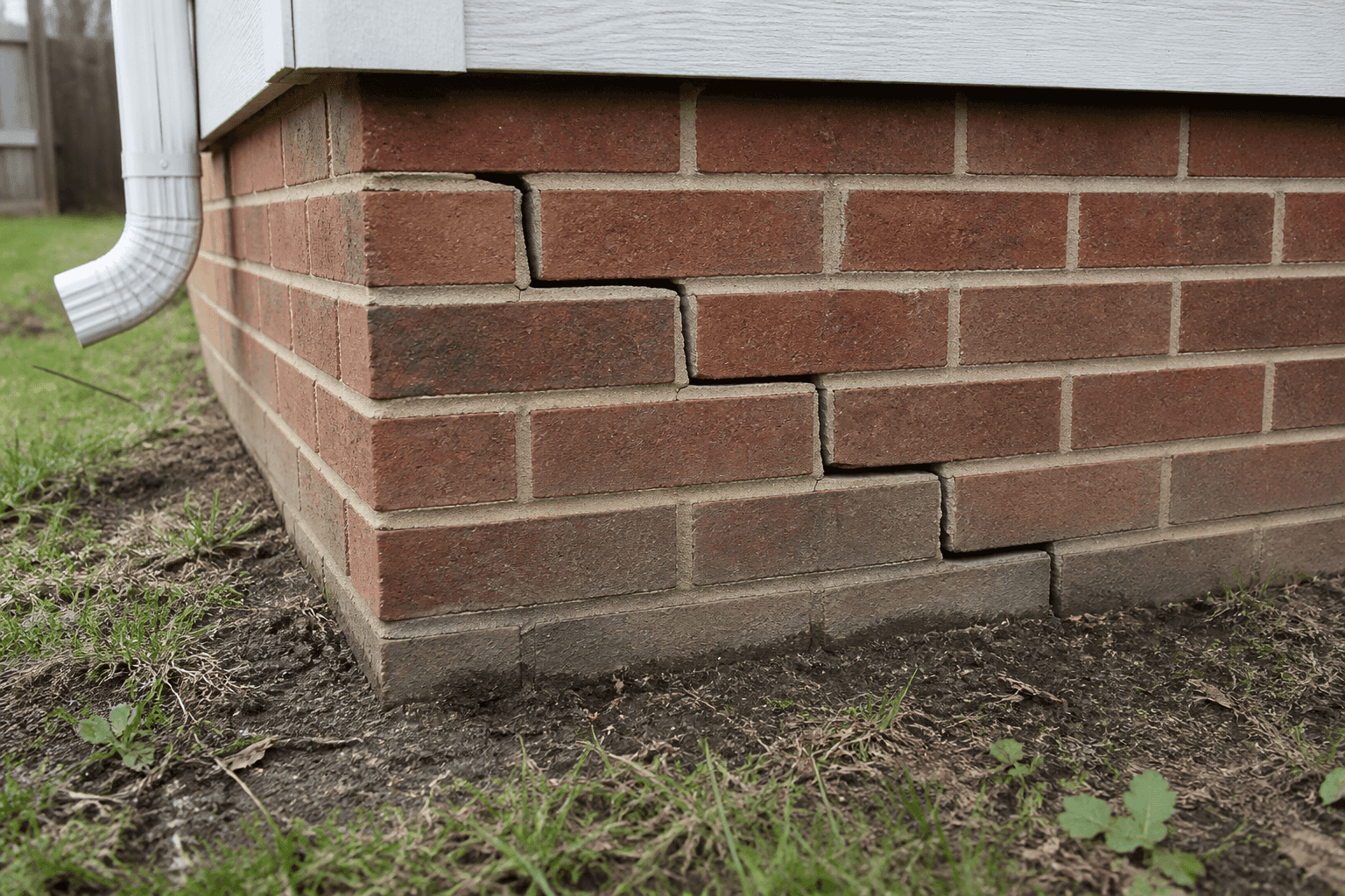 Stair-step crack running through the mortar joints of a brick foundation wall at the corner of a house