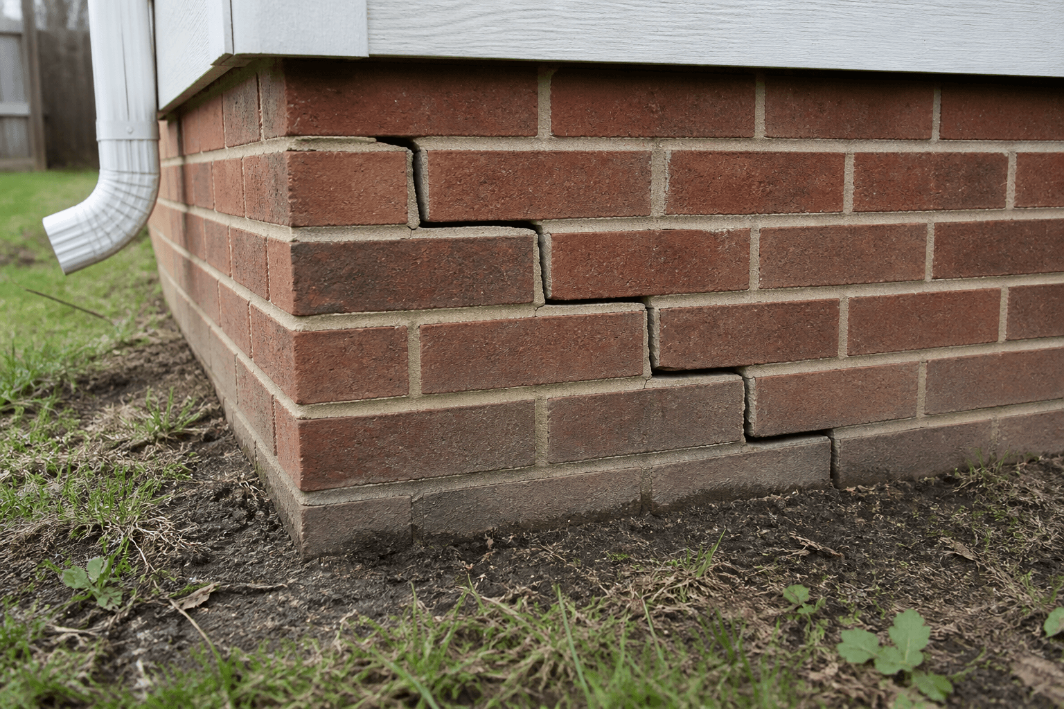 Stair-step crack running through the mortar joints of a brick foundation wall at the corner of a house
