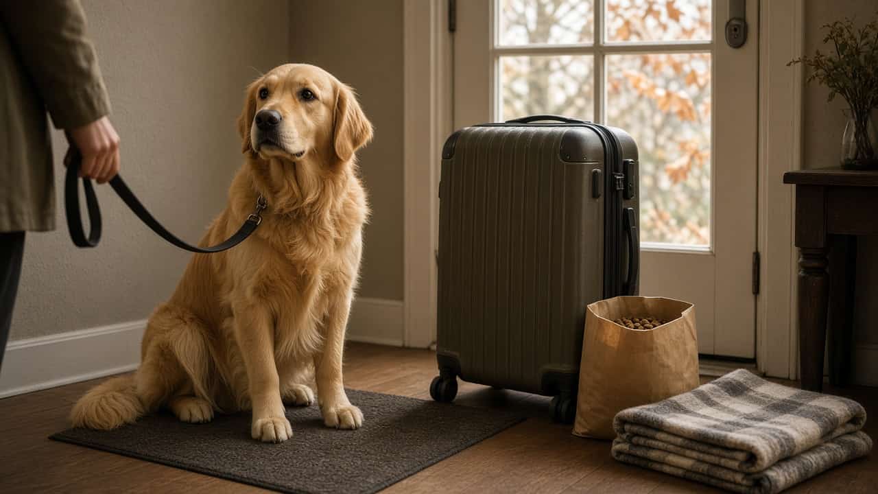 Golden retriever sitting beside a packed suitcase by a front door, leash held by a person, with a bag of dog food and folded blanket nearby