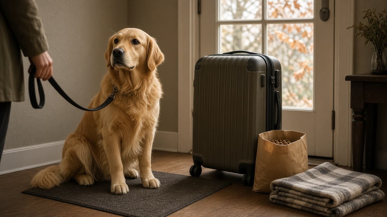 Golden retriever sitting beside a packed suitcase by a front door, leash held by a person, with a bag of dog food and folded blanket nearby