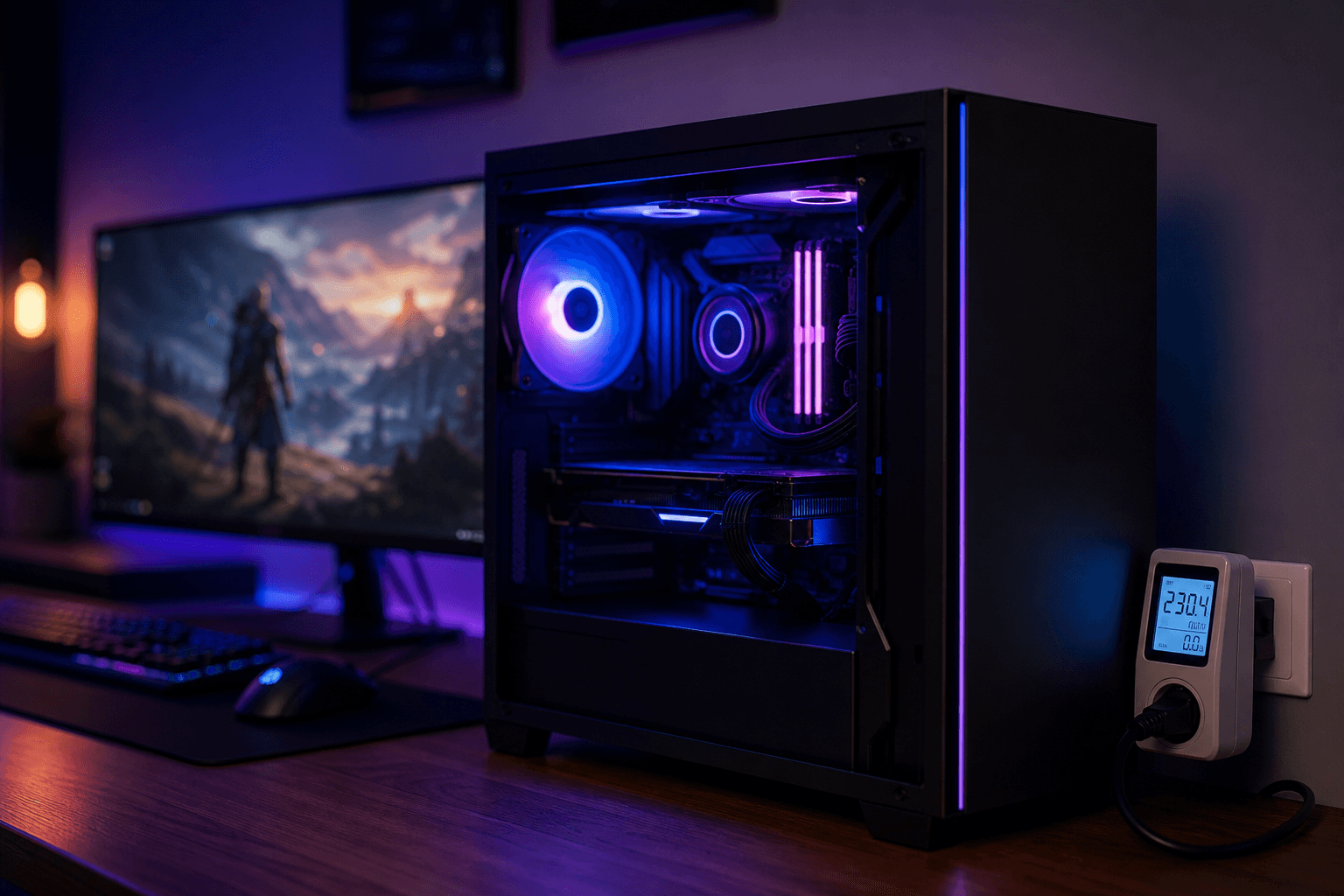 A mid-tower gaming PC with blue and purple RGB lighting glowing through a glass side panel on a desk, next to a plug-in electricity usage meter showing a digital readout, with a game glowing on a monitor in the dim background