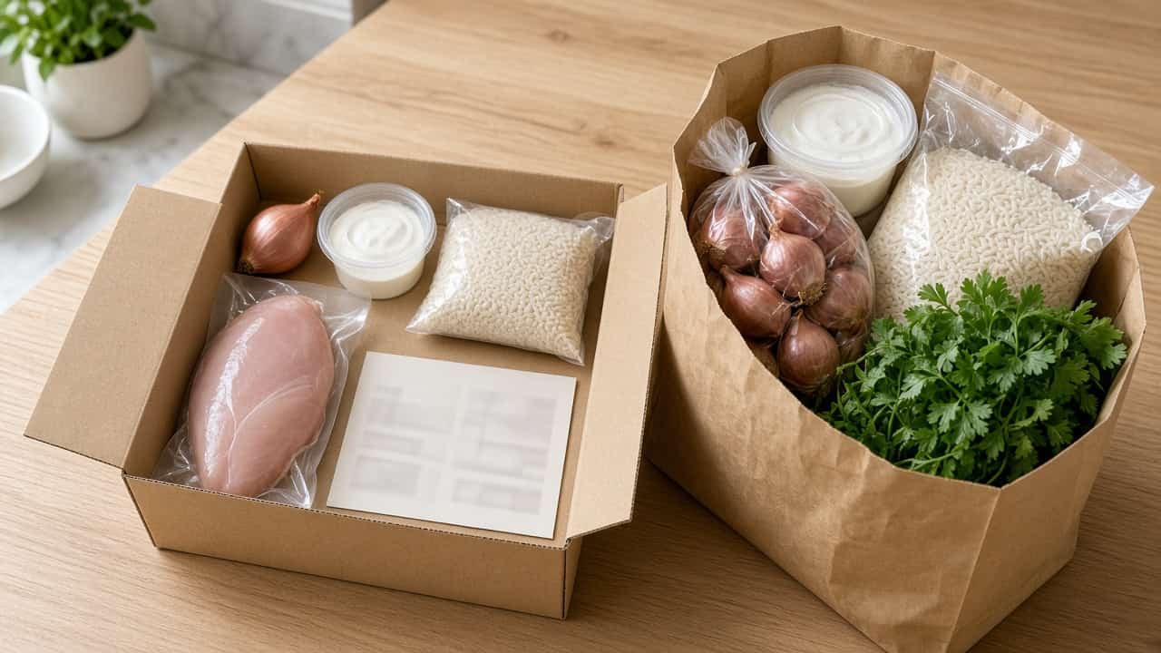 Opened meal-kit box with single-portion ingredients next to a paper grocery bag holding full-size packages of the same shallots, sour cream, rice, and herbs