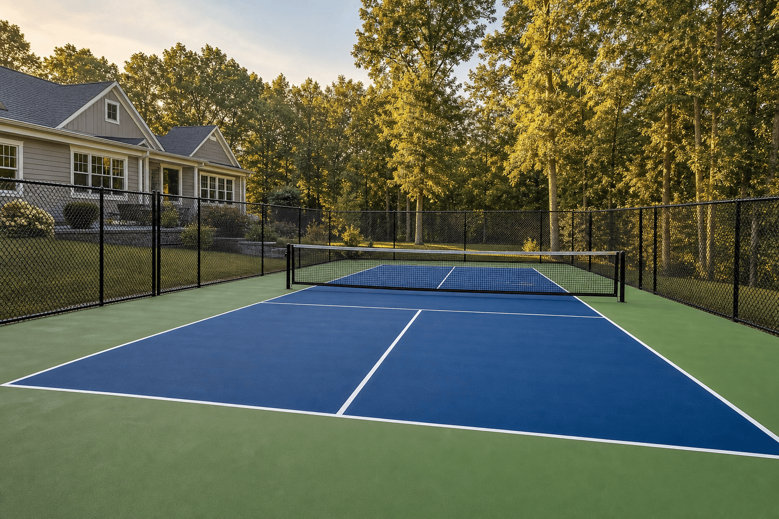 A freshly built backyard pickleball court with a blue playing area, green surround, crisp white lines and a regulation net, enclosed by black chain-link fencing with a suburban house and trees in the background at golden hour