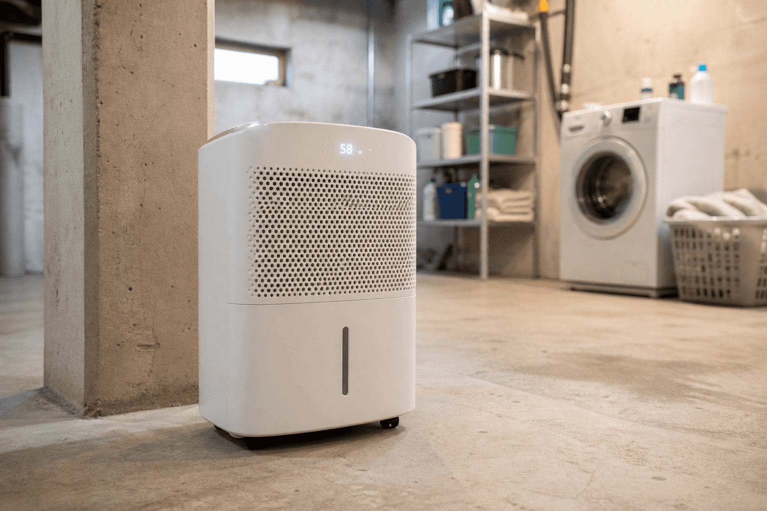 White portable dehumidifier running on the concrete floor of a home basement with a washing machine and storage shelves in the background