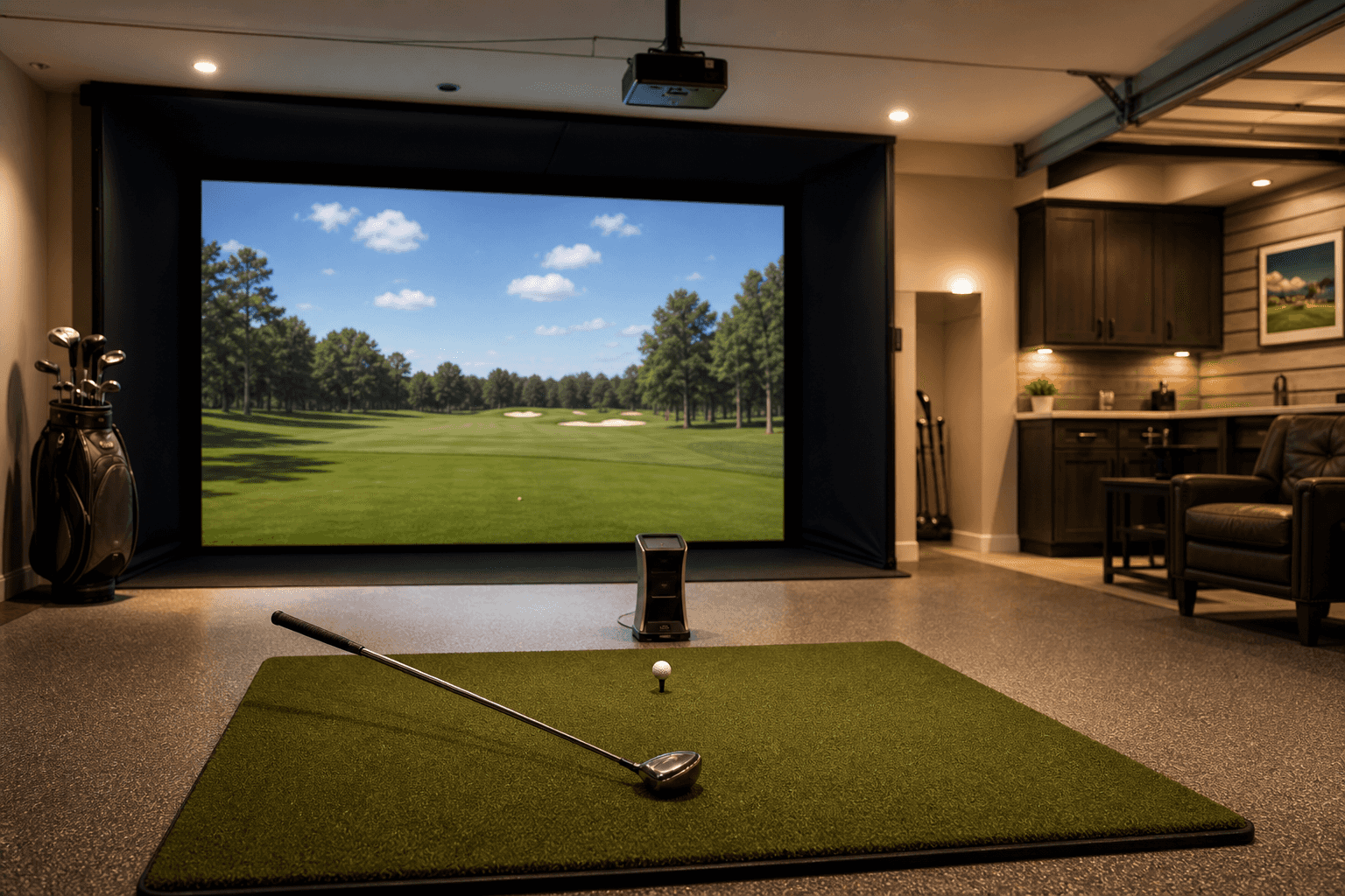A home golf simulator in a finished garage: a large impact screen showing a sunny golf fairway, a turf hitting mat with a driver resting on it, a launch monitor behind the ball, and a short-throw projector mounted overhead