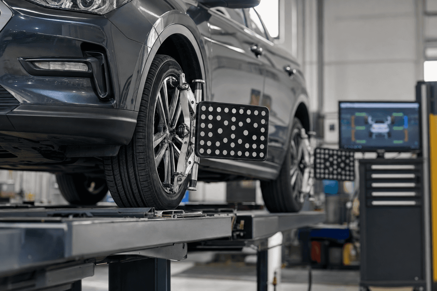 A car raised on a service lift in a clean auto shop with digital wheel alignment sensor targets clamped to each wheel and an alignment measurement screen glowing on a stand in the background