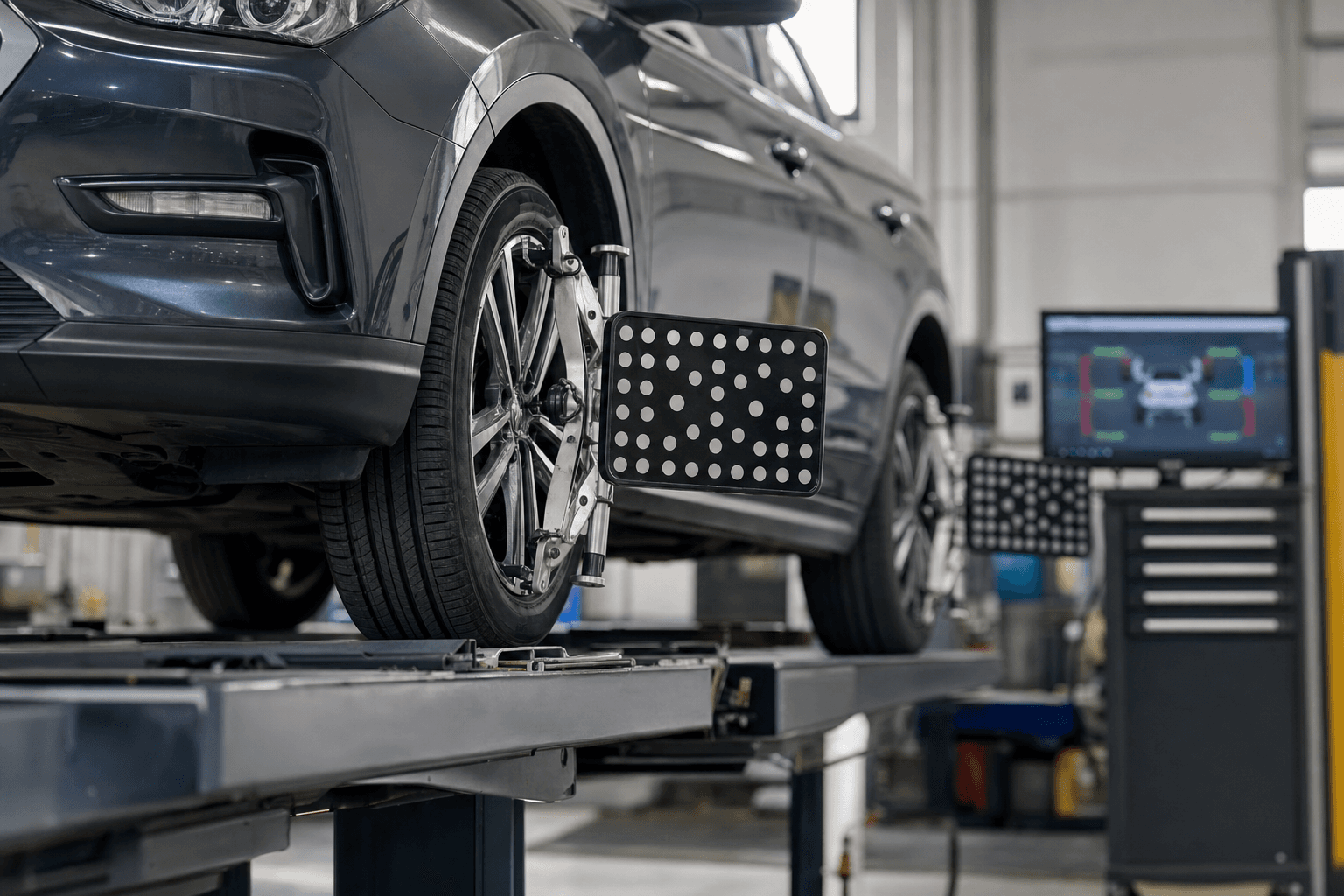 A car raised on a service lift in a clean auto shop with digital wheel alignment sensor targets clamped to each wheel and an alignment measurement screen glowing on a stand in the background