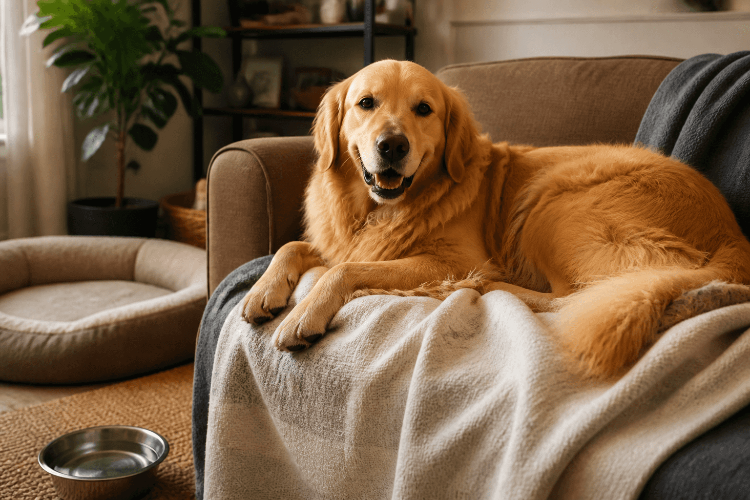 Relaxed golden retriever lying on a couch with soft blankets in a cozy living room, a dog bed and water bowl nearby
