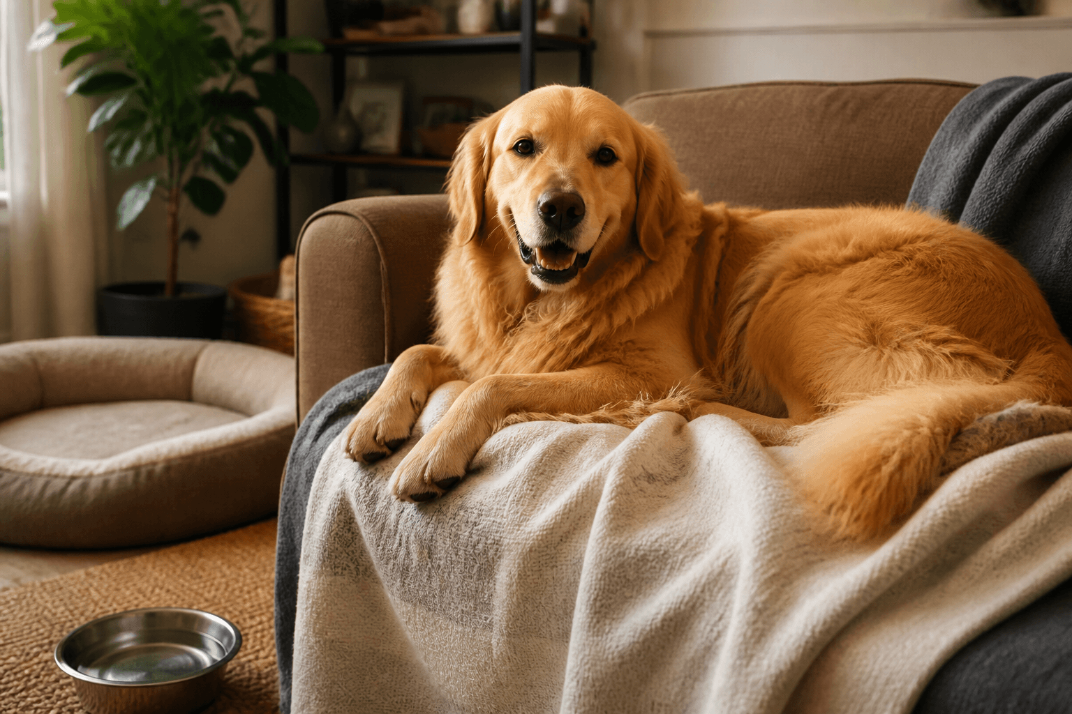 Relaxed golden retriever lying on a couch with soft blankets in a cozy living room, a dog bed and water bowl nearby