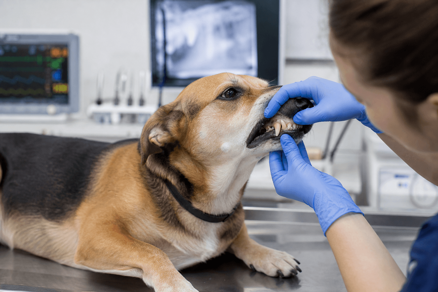 A veterinarian in blue nitrile gloves gently lifting a calm dog's lip to examine its teeth and gums on a stainless steel exam table, with a vitals monitor and dental X-ray softly blurred in a modern animal hospital