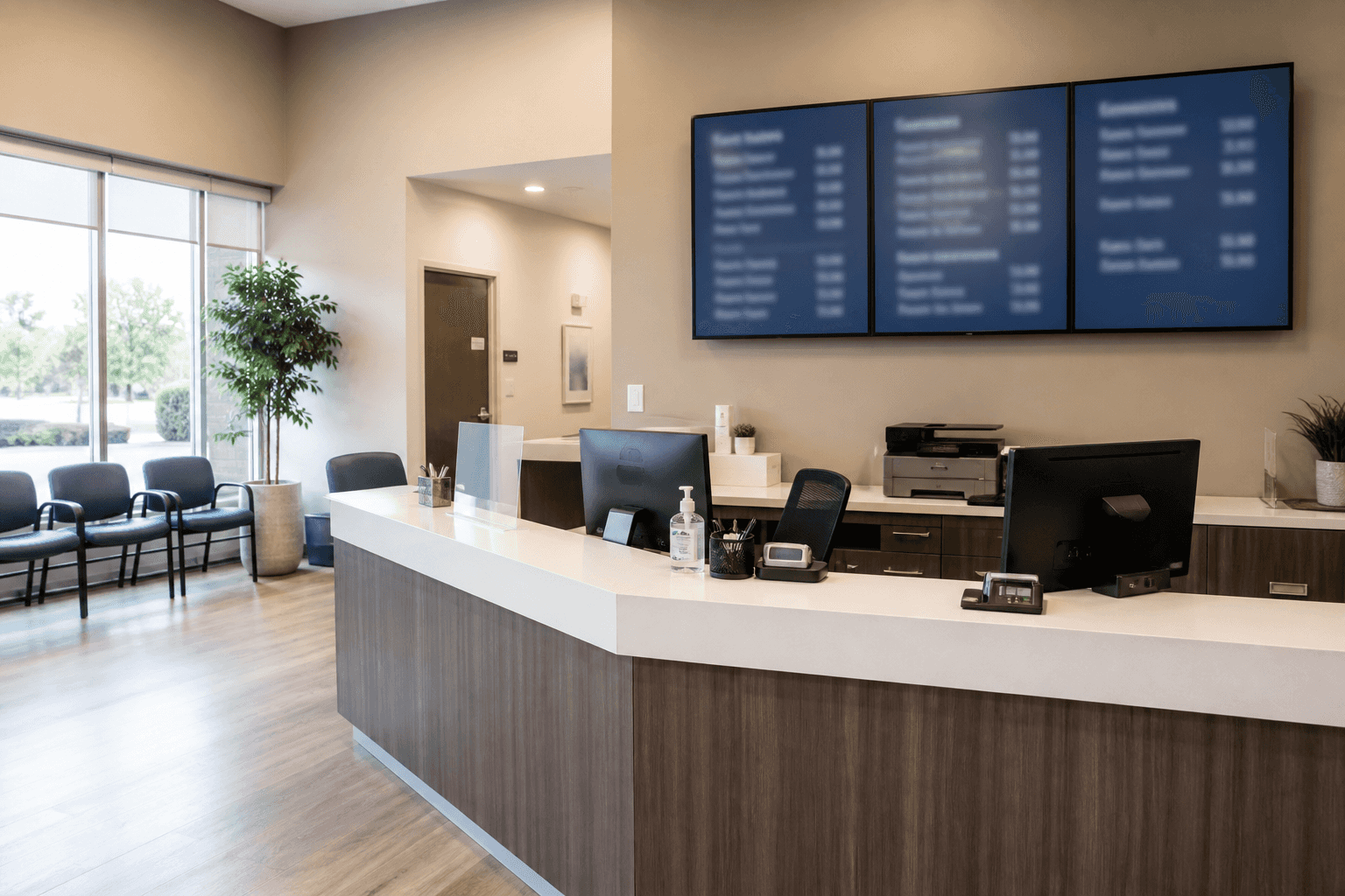 Reception desk of a modern walk-in urgent care clinic with a wall-mounted service and price menu board behind the counter