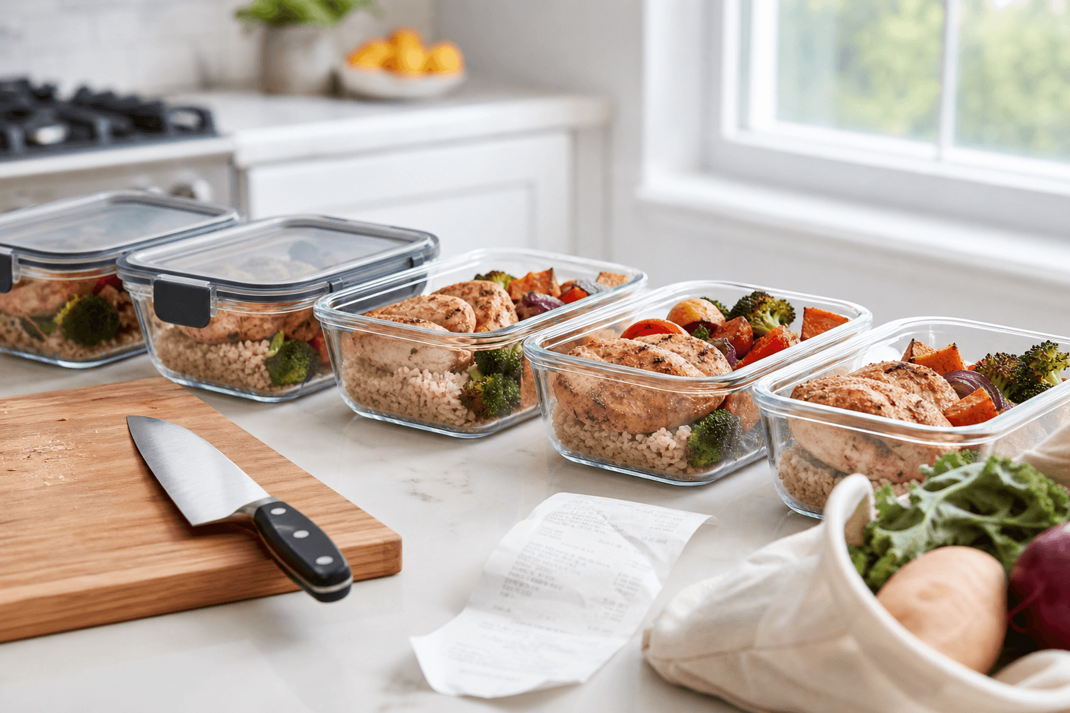 A row of clear glass meal-prep containers on a bright kitchen counter filled with grilled chicken, rice, and roasted vegetables, with a cutting board, a chef's knife, and a grocery receipt in the foreground