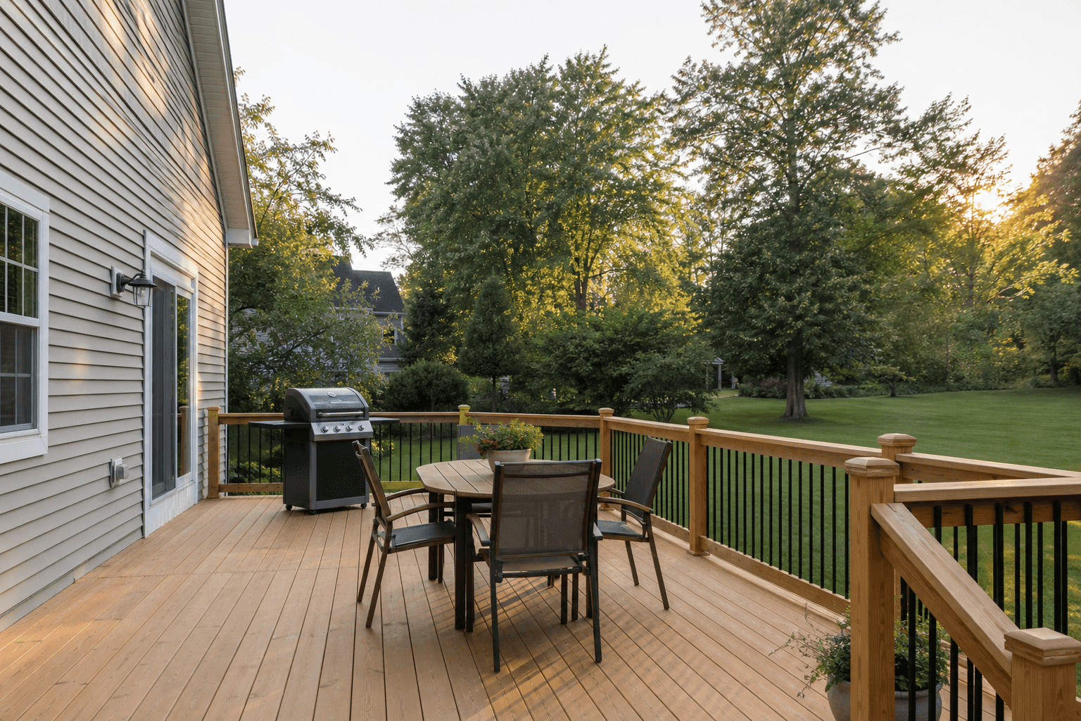 A freshly built wooden backyard deck attached to a suburban house, with an outdoor dining set and a grill on it, overlooking a green lawn and trees in warm late-afternoon light