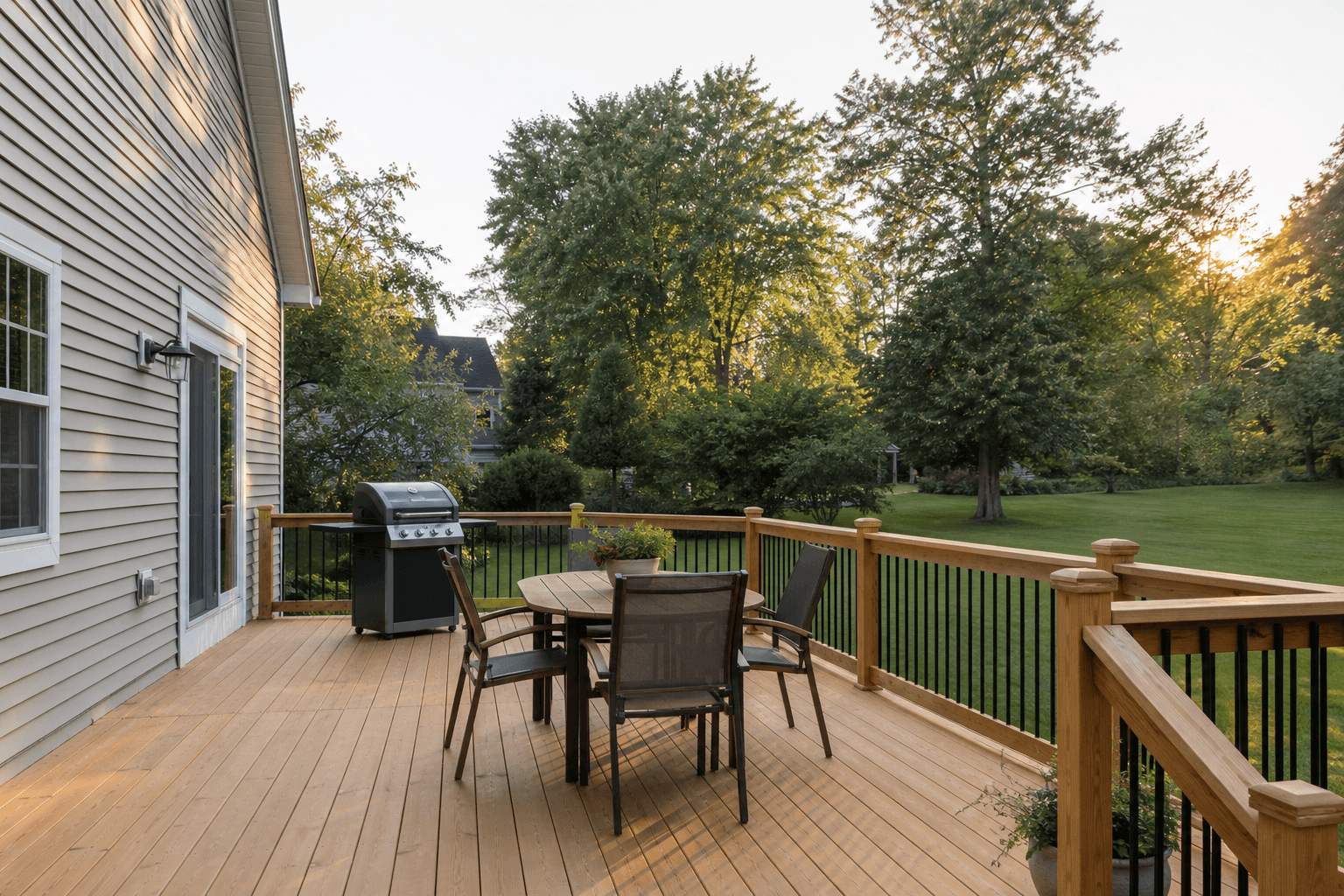 A freshly built wooden backyard deck attached to a suburban house, with an outdoor dining set and a grill on it, overlooking a green lawn and trees in warm late-afternoon light