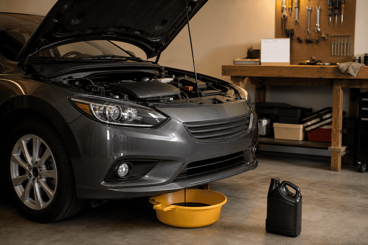 A low-mileage car with the hood open in a home garage during an oil change, with a yellow drain pan and a plain oil bottle on the floor and a calendar on the workbench, illustrating time-based oil changes for cars driven very little