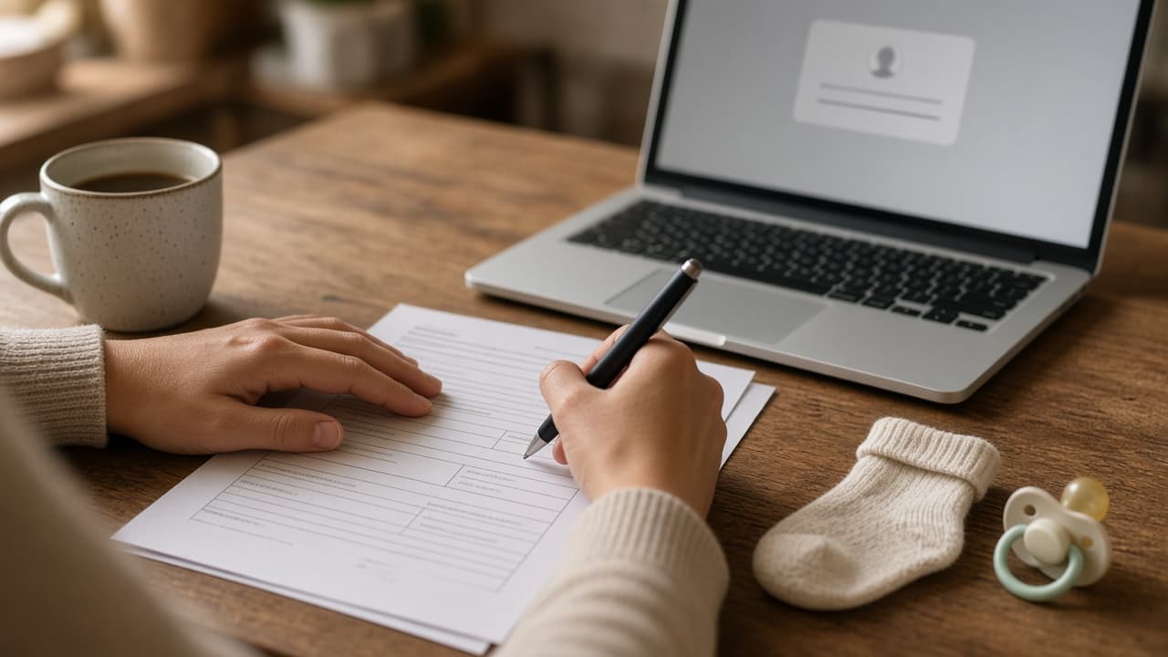 Parent filling out a paper form with a pen at a kitchen table beside a laptop showing a login screen, with a baby sock and pacifier nearby