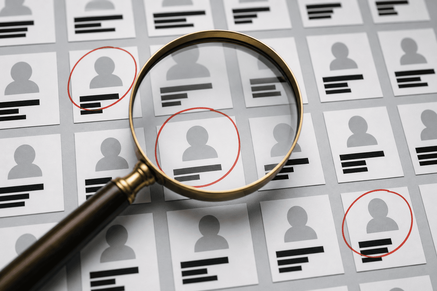 Conceptual privacy still life: a grid of identical white profile cards with faceless avatar icons and details hidden behind black redaction bars, viewed through a magnifying glass with three cards circled in red, showing one person's multiple listings