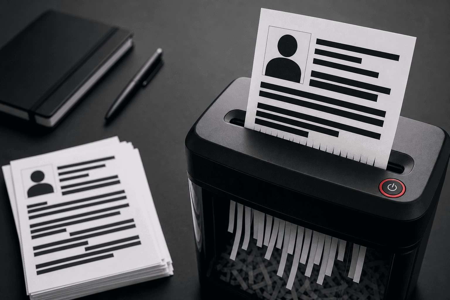 Conceptual privacy still life: white people-search profile cards with personal details hidden behind solid black redaction bars, one card being fed into a black paper shredder with a red power button, on a dark charcoal desk