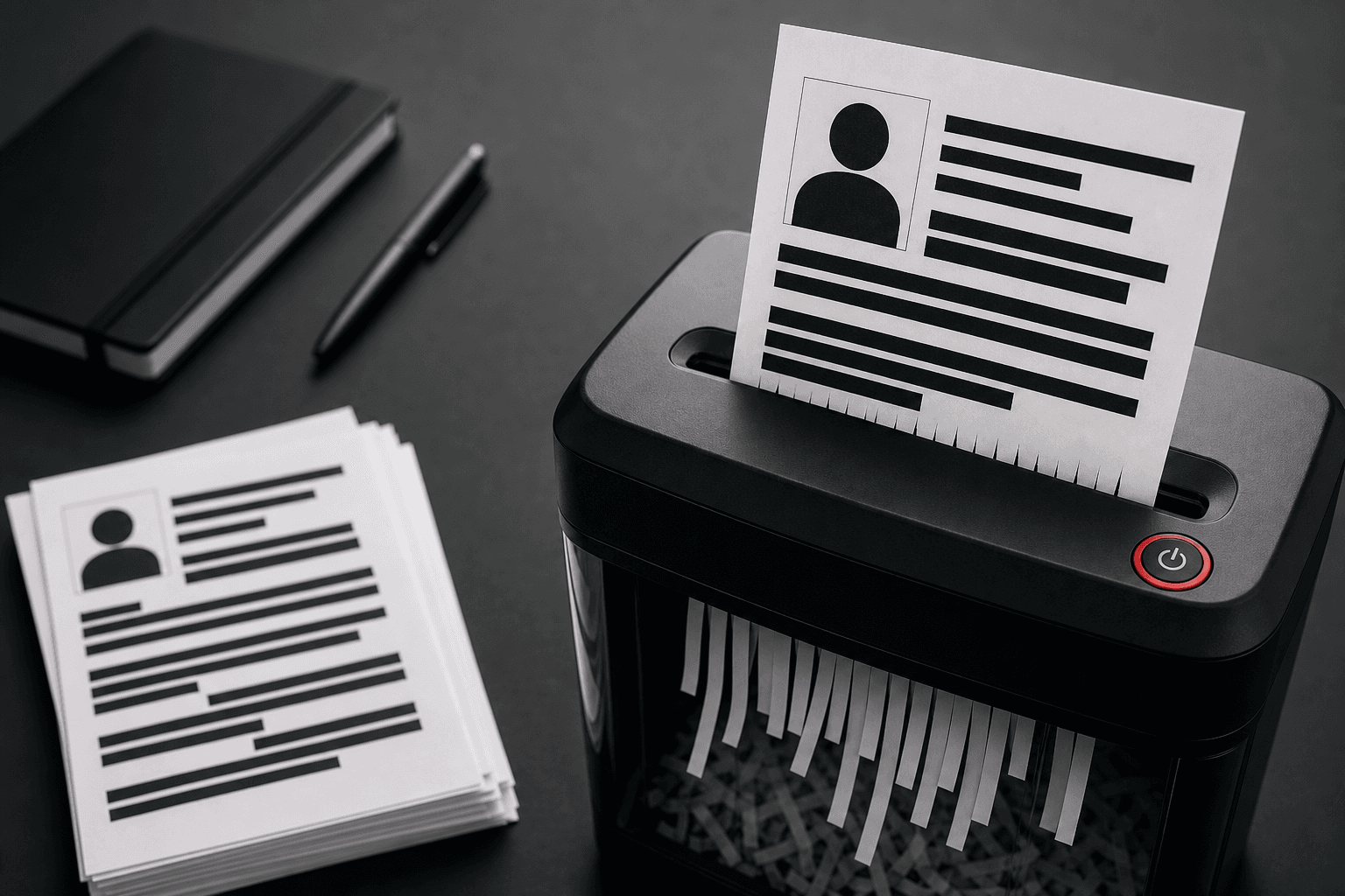 Conceptual privacy still life: white people-search profile cards with personal details hidden behind solid black redaction bars, one card being fed into a black paper shredder with a red power button, on a dark charcoal desk