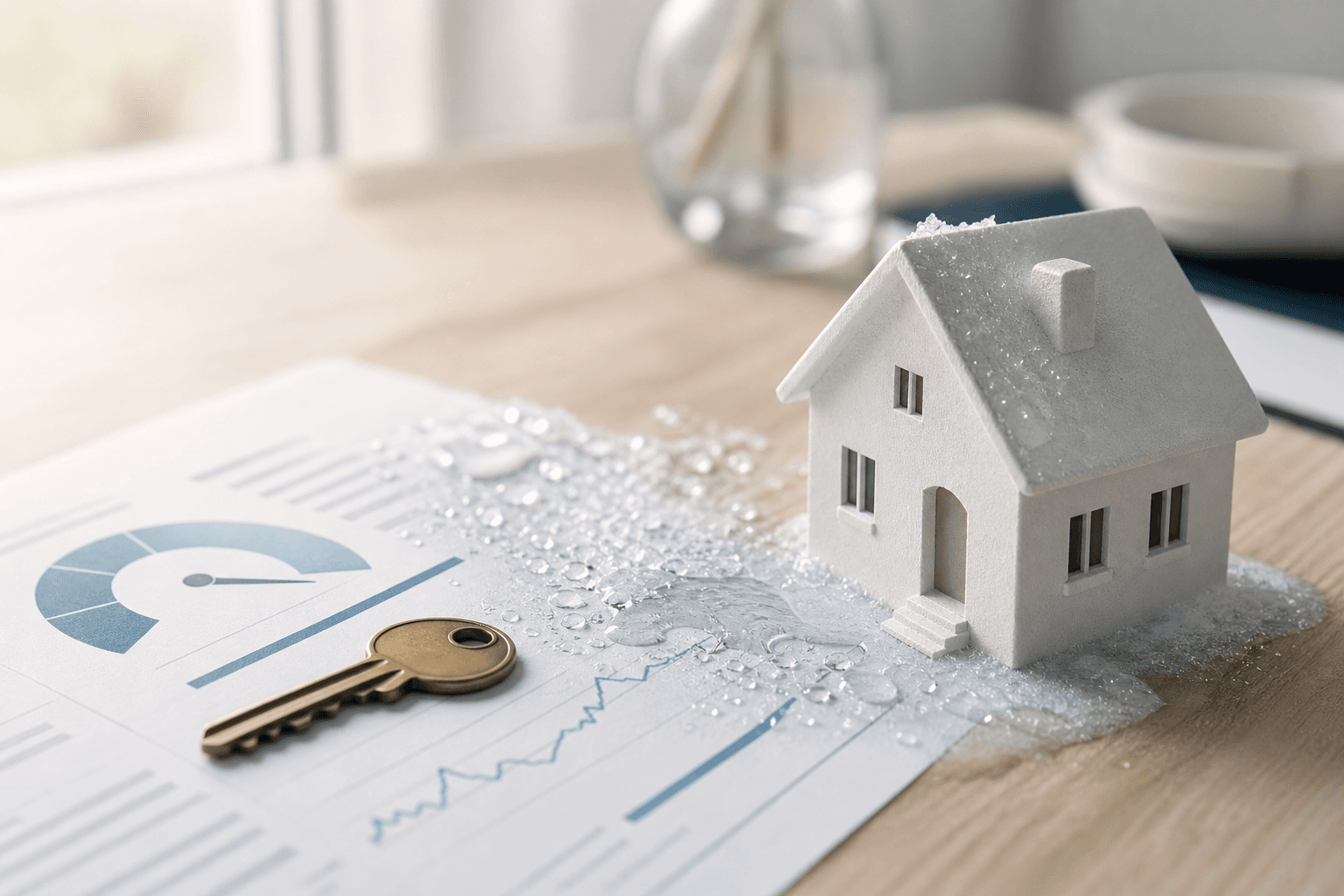 Editorial still life of a printed credit report with a credit-score dial graphic, a brass house key, and a small white model house, with a thin layer of frost melting into water droplets across the document, illustrating thawing a credit freeze for a mortgage